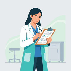 Obraz premium Female Doctor in Lab Coat Writing on Clipboard with Stethoscope in Medical Office