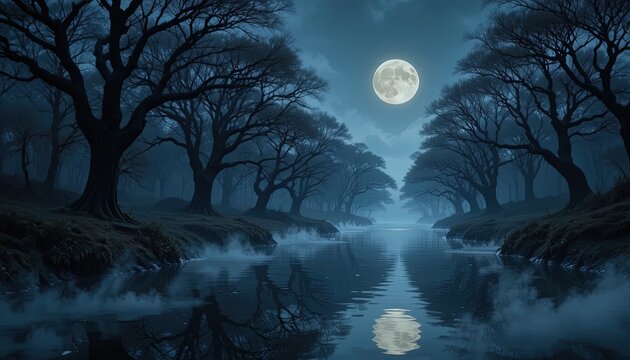 Full moon over a misty river at night. Dark forest landscape with glowing moonlight reflection.