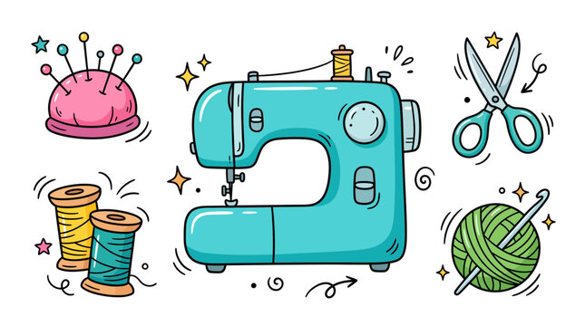 Craft sewing and tailoring equipment doodle set featuring sewing machine, pincushion, thread spools, fabric scissors, and yarn ball