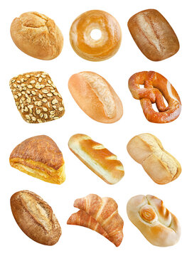 Various bakeware bread rolls isolated on white background