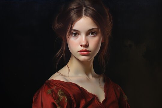 Woman with dark hair looking forward, portraying elegance against a dark background