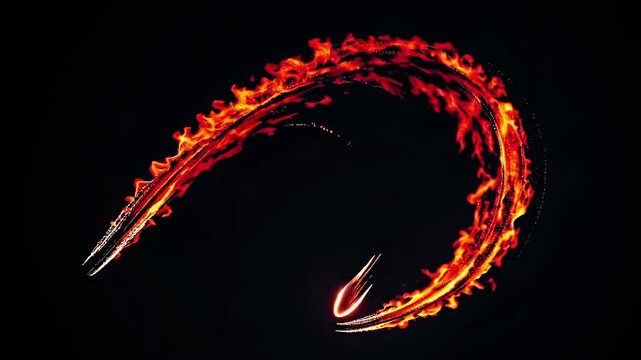 Dynamic sequence of fiery trails swirling in a circular motion against a dark background, showcasing vibrant flames and glowing embers in a continuous flow