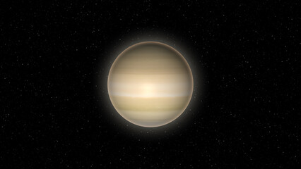 Saturn planet with pale yellow bands and glowing atmosphere in starry void space solar system © Surjomukhi