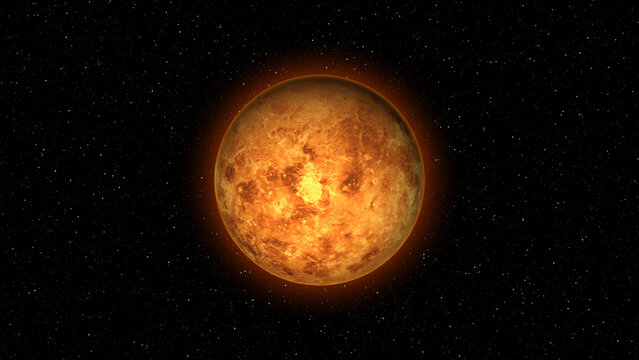 Venus planet with fiery orange surface and glowing aura in starry space solar system astronomy