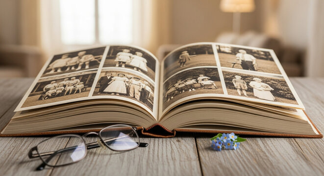 Vintage family photo album open on wooden table with eyeglasses and forget me not flowers representing memories
