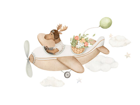 Cute moose fly on plane with basket of flowers and green balloon in clouds with stars. Watercolor isolated illustration for your kids print, cartoon poster, greeting card. Hand drawn design character.