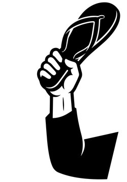 Fist holding flip flop sandal vector graphic represents discipline punishment or humorous domestic authority symbol.