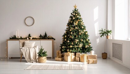Obraz premium Christmas tree with wrapped gifts in a bright cozy home interior