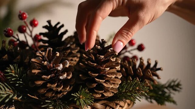 Woman hand arranging pine cones in festive Christmas basket for winter home decor.