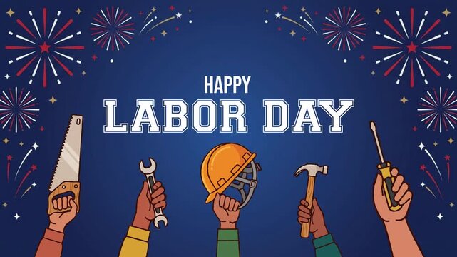 Diverse hands holding tools and hard hat celebrating Labor Day with fireworks and festive background