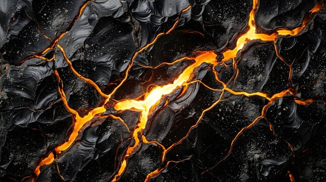 Fractured Black Obsidian Rock with Glowing Molten Lava Cracks and Volcanic Texture