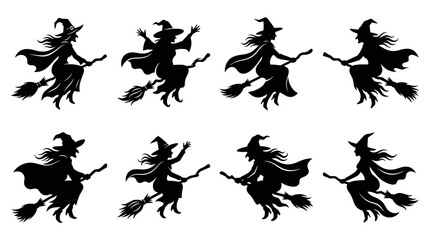 Fototapeta premium Collection of black witch silhouettes flying on broomsticks