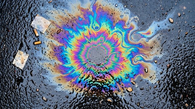 Top-Down Photograph of Rainbow Iridescent Oil Slick on Wet Dark Asphalt