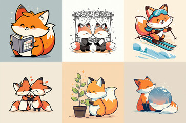 Naklejka premium Cute fox character illustration with reading, skiing, friendship, gardening, and winter scenes
