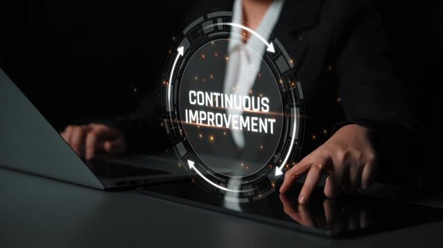 Professional Businesswoman Working on Laptop with Focus on Continuous Improvement Strategy and Digital Interface Representations Sigmoid