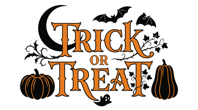 Vintage Halloween Trick or Treat Typography. Halloween font with pumpkins, bats and moon. Spooky text design for holiday decoration. isolated on White Background Halloween,Editable EPS