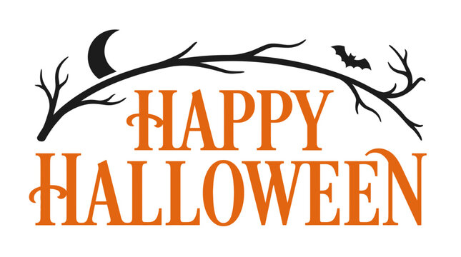 Happy Halloween typography design with spooky branch, crescent moon and bat. Vector lettering for invitations, greeting cards and party banners. isolated on White Background Halloween
