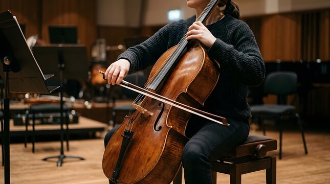 Musician playing cello in a concert hall during a practice session.