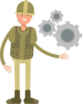 Soldier Character Holding Gears
