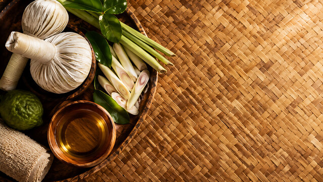 Thai spa set with herbal compress balls, lime, ginger and plumeria flower