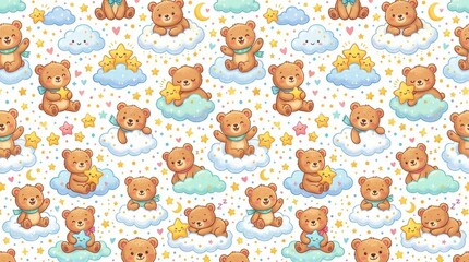Fototapeta premium Cute teddy bear pattern with clouds and stars. Seamless nursery wallpaper for baby decor.
