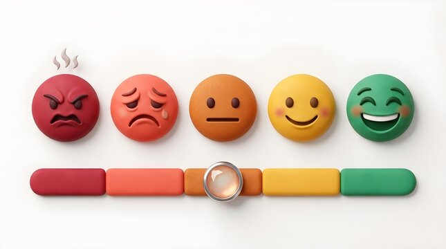 Customer feedback survey scale showing five colorful emoji faces with varying levels of emotional satisfaction levels
