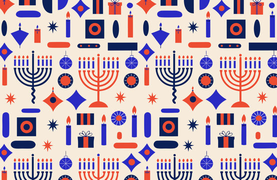 Minimalist geometric hanukkah seamless pattern featuring traditional menorahs and festive holiday symbols decorative design with geometric shapes arranged modern minimalist style