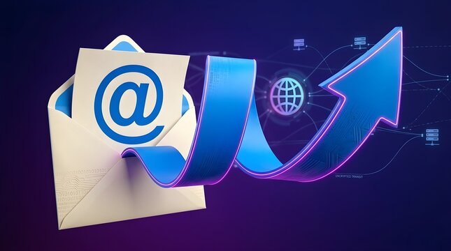 Email marketing concept featuring digital envelope with glowing blue arrow showing rapid growth and global connection