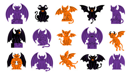 Obraz premium Set of cartoon gargoyles and mythical stone creatures in halloween colors