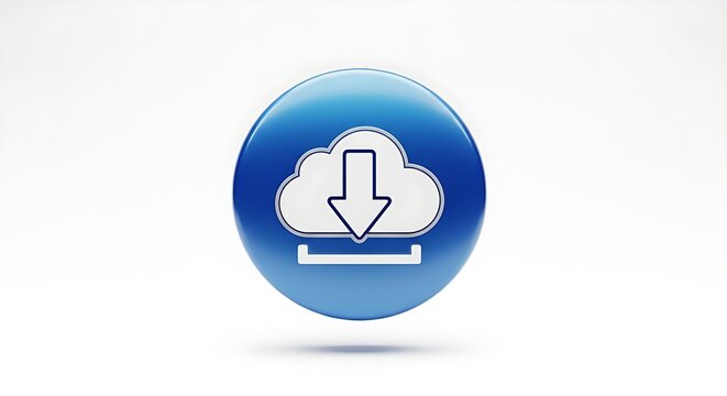 Cloud download icon button featuring a glossy blue sphere design isolated on a white background