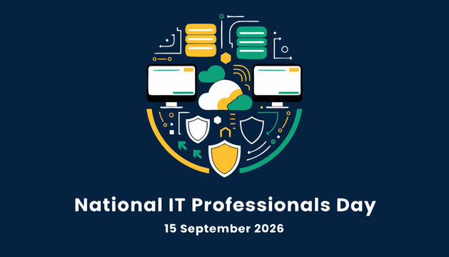 National it professionals day celebration with computer icons and digital shields