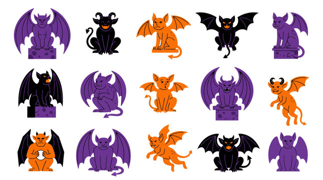 Set of cartoon gargoyles and mythical stone creatures in halloween colors