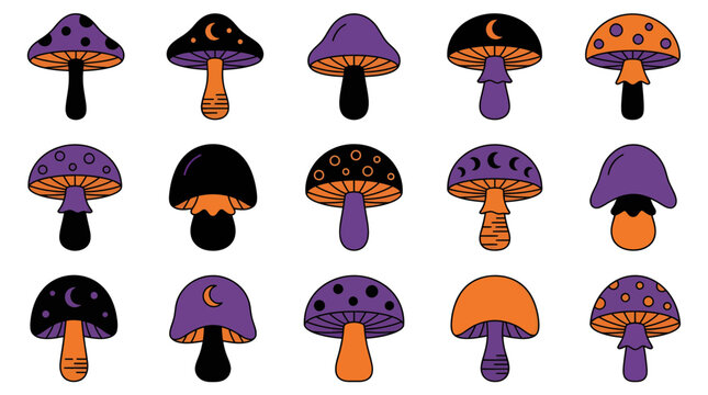 Collection of magic mushrooms with halloween theme colors and celestial symbols