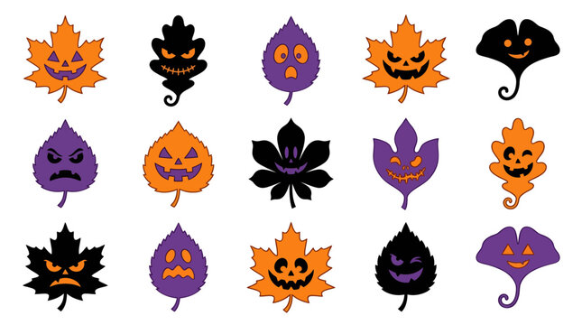 Collection of halloween autumn leaves with carved jack o lantern faces, halloween