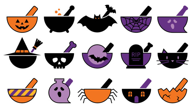 Collection of halloween mortars and pestles with spooky themed illustrations
