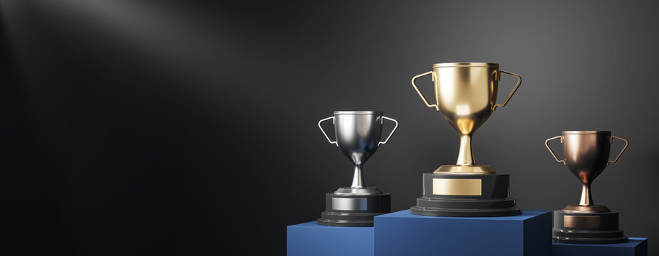 Three trophy cups on podiums under a dramatic spotlight, celebrating sports achievement, business success, and competitive excellence. 3D Rendering