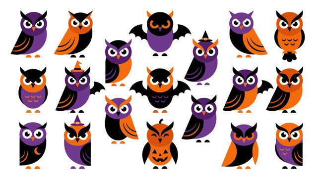 Set of halloween owls vector illustration cute bird autumn holiday character