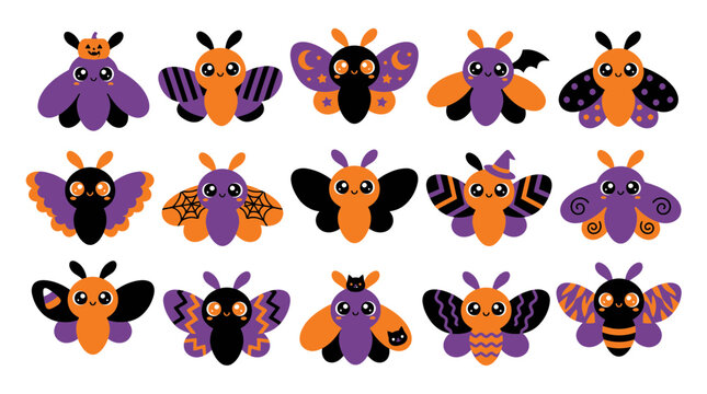 Set of cute halloween moths vector illustration kawaii bug insect character