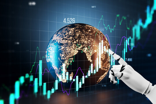 Artificial intelligence robot assistant for global financial market analysis, chart growth, and future fintech investment strategy. 3D Rendering