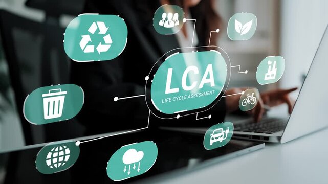 Professional conducting Life Cycle Assessment with eco-friendly icons representing sustainability, recycling, and environmental consideration in a modern office Gluon.