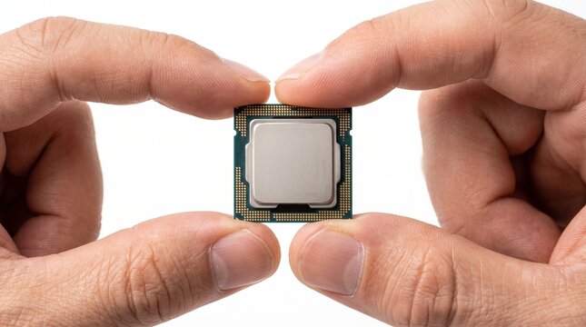 Hands Holding Microchip Processor for Electronics and Technology Development