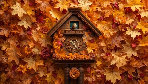 Vintage wooden cuckoo clock framed with autumn maple leaves and orange roses top down