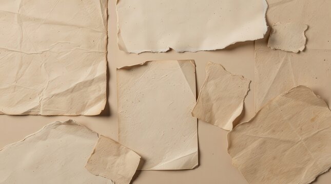 Torn and crumpled beige paper sheets scattered on a matching surface, showing various textures and edges.