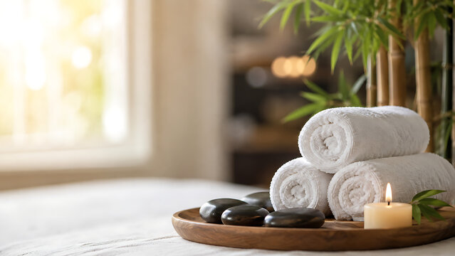 Rolled white towels with hot stones and candle, spa setting