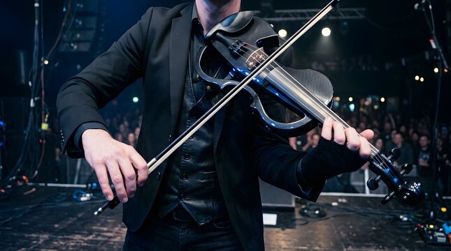 Musician playing electric violin on stage during a live concert performance.