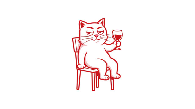 Funny cat drinking wine vector illustration, grumpy feline sitting on chair with glass, red line art cartoon character
