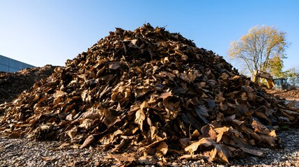 Fototapeta premium Large pile of dried autumn leaves under clear blue sky with construction equipment in background