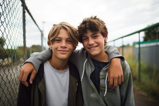 Two smiling teenage boys embracing, showing friendship and a genuine connection outdoors