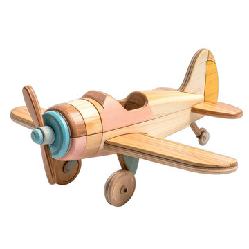 A wooden toy airplane with a propeller and wheels sits against a black background.