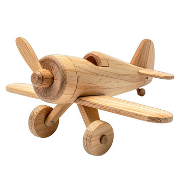 A vintage wooden airplane toy with a propeller and wheels sits against a black background.